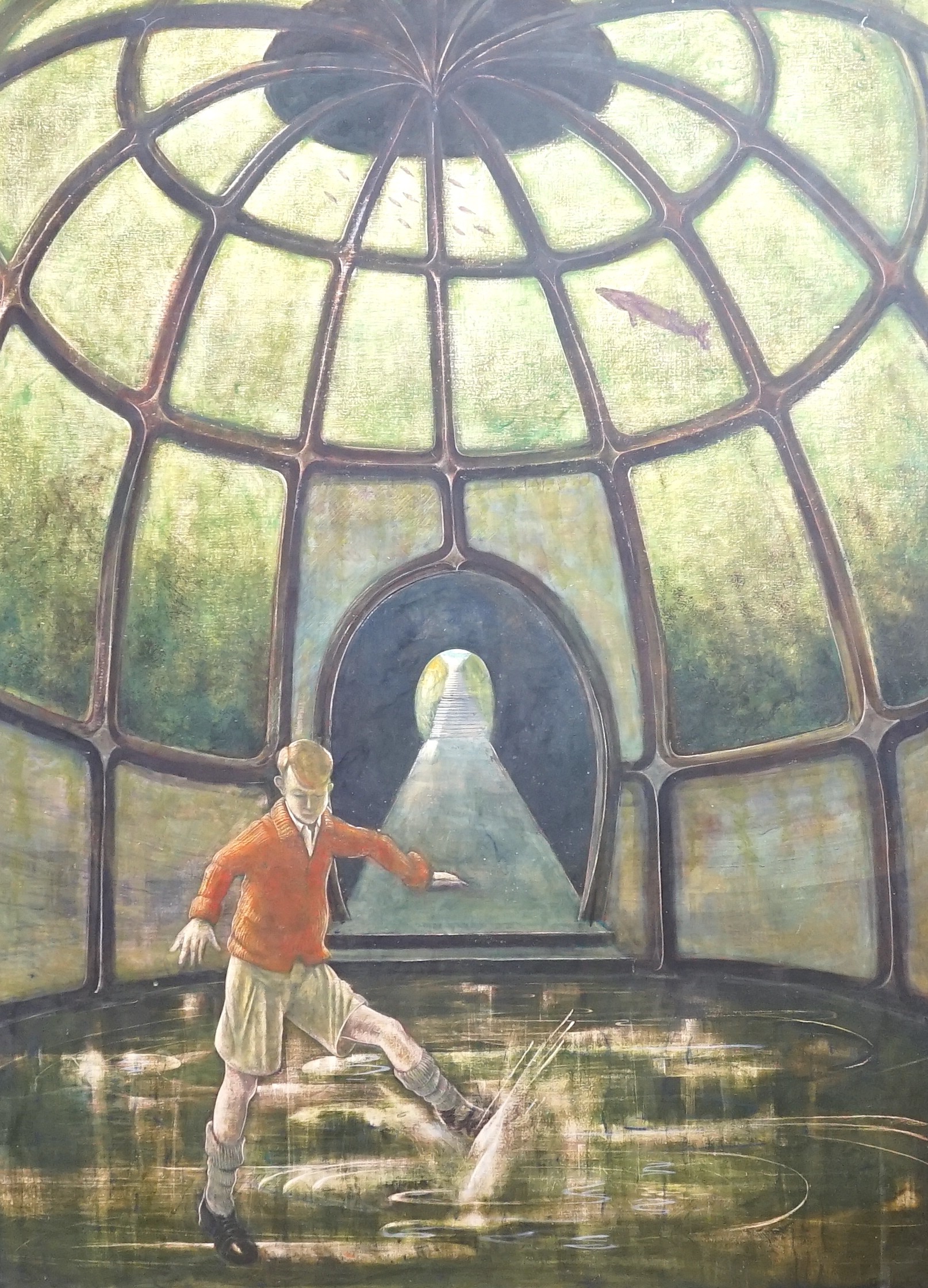 Peter Messer (b.1954), egg tempera on gesso, 'Under the lake', signed with artist's label verso, 121 x 90cm
